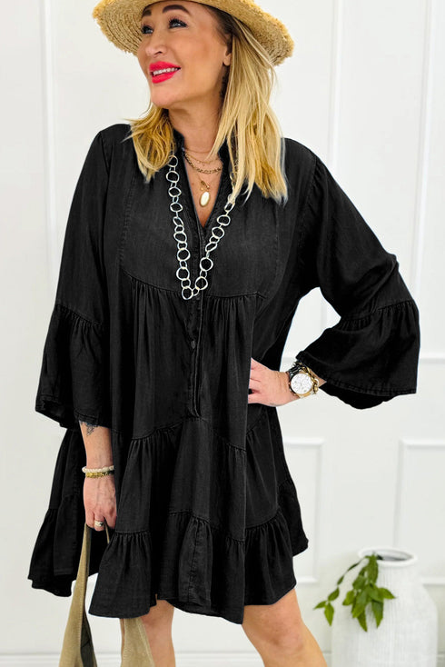 Chambray Ruffled 3/4 Sleeve Tiered Split V Neck Mini Dress